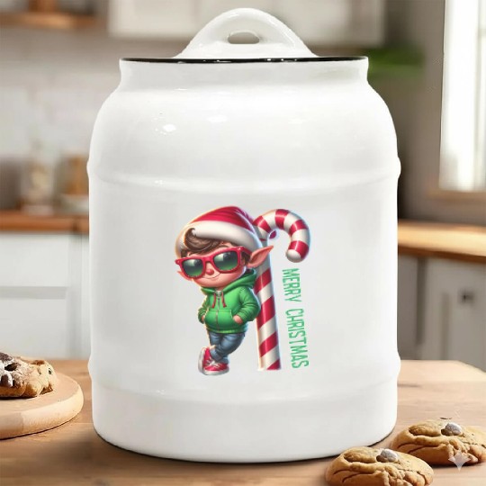 Merry Christmas Cool Elf with Candy Cane Vibes Ceramic Cookie Jars