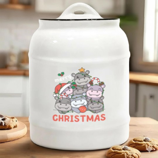 Hippo Christmas Tree Merry Christmas Ceramic Cookie Jars