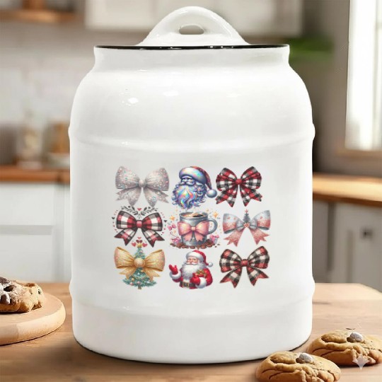 Coquette Bow Santa Christmas Tree Cake Candy Ceramic Cookie Jars