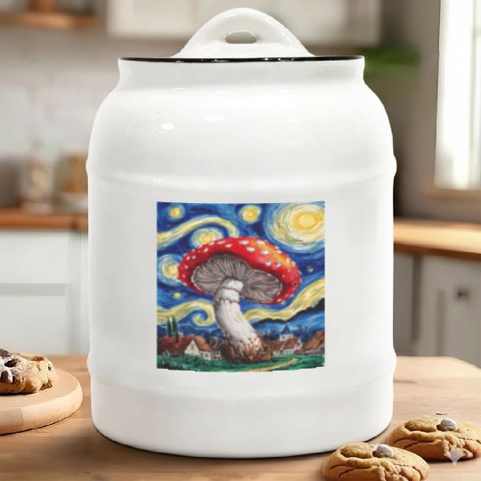 Starry Night Mushroom: Surreal Watercolor Dreamsca Ceramic Cookie Jars
