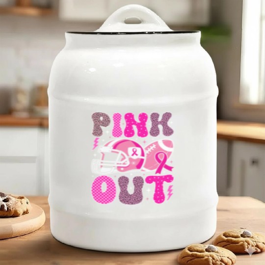 Pink Out Breast Cancer Football Mom Girls Women Ceramic Cookie Jars
