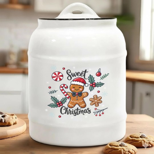 Happy gingerbread man with candy cane Ceramic Cookie Jars