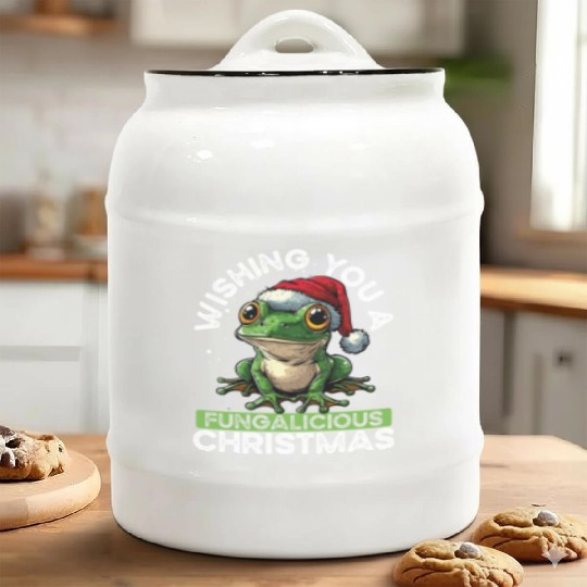 Merry Christmas Frog on Mushroom Cottagecore Ceramic Cookie Jars