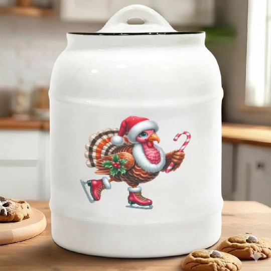 Turkey Ice Skating with Candy Cane and Santa Hat Ceramic Cookie Jars