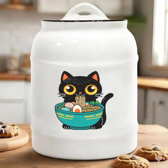 Funny Cat Eating Ramen Japanese Cat Ramen Noodles Ceramic Cookie Jars