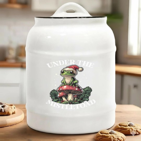 Under the Mistletoad Frog on Mushroom Cottagecore Ceramic Cookie Jars