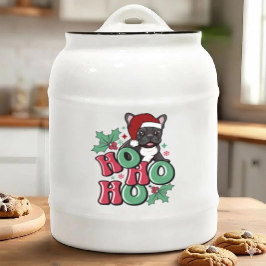 HO HO HO French Bulldog Holly Leaf Funny Ceramic Cookie Jars