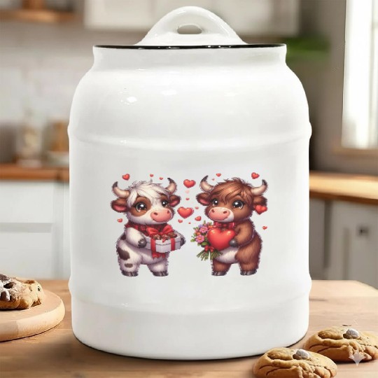 Cute cartoon valentines highland cow Ceramic Cookie Jars