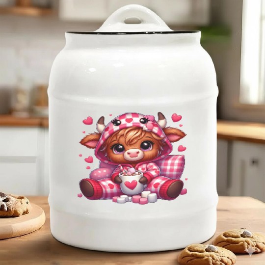 Cute cartoon valentines highland cow Ceramic Cookie Jars