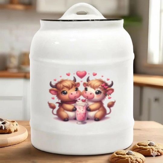 Cute Cartoon Valentines Highland Cow Ceramic Cookie Jars