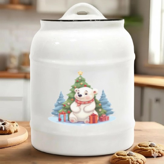Christmas Polar Bear with Christmas Tree Ceramic Cookie Jars