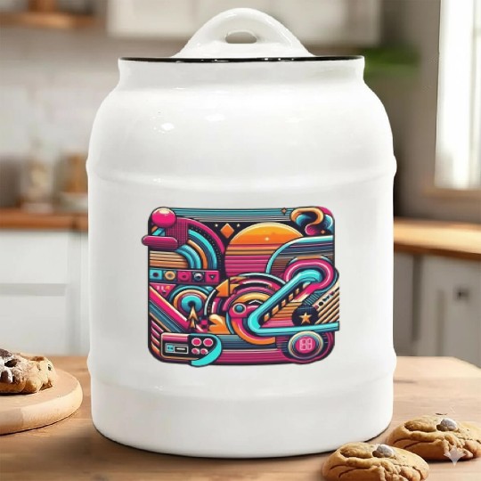 Retro Neon Abstract - Futuristic Geometric Design Ceramic Cookie Jars