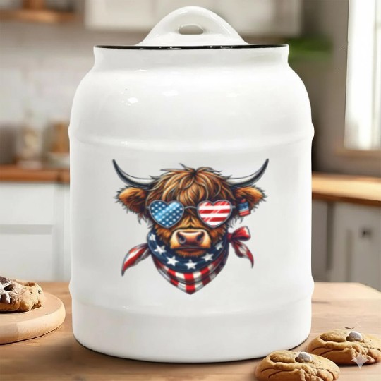 Patriotic Highland Cow 4th Of July Ceramic Cookie Jars