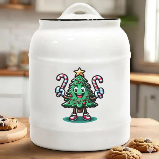 Happy Christmas Tree With Candy Canes Retro Ceramic Cookie Jars
