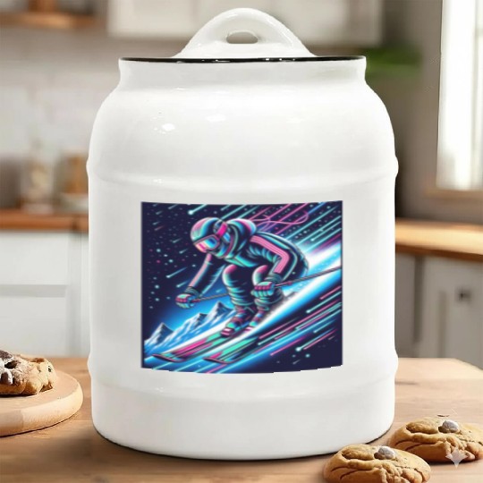 Neon Night Skiing Adventure Design Ceramic Cookie Jars