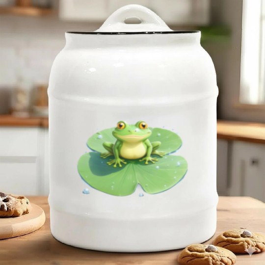 Cheerful Frog on Lily Pad Ceramic Cookie Jars