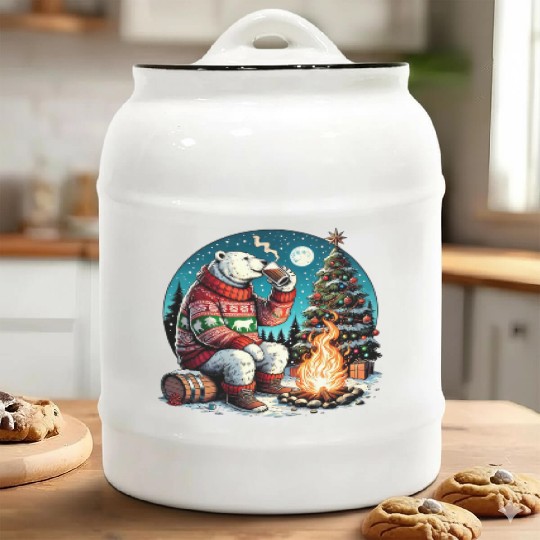 Cozy Christmas Polar Bear: Eggnog & Fireside Cheer Ceramic Cookie Jars