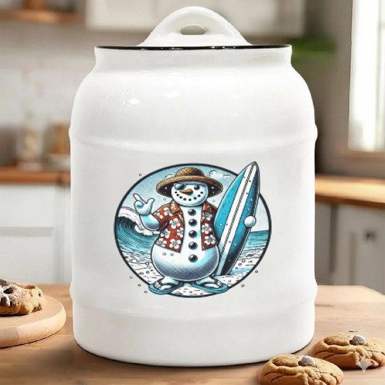 Tropical Christmas Snowman: Surfboard & Sunshine Ceramic Cookie Jars