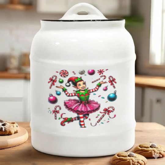 Juggling Elf: Tutu, Ornaments & Candy Cane Confet Ceramic Cookie Jars