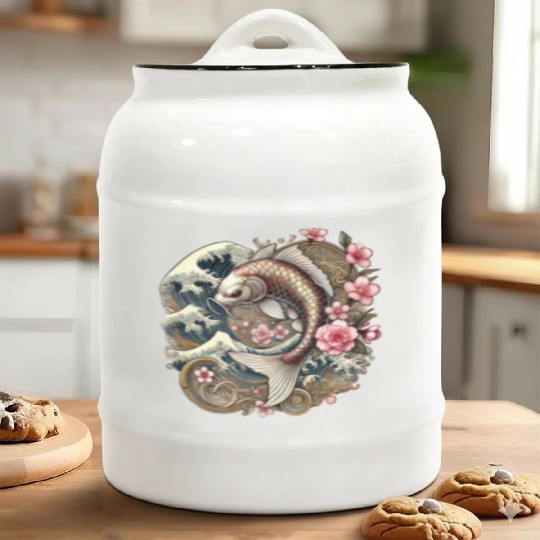 Elegant Koi Fish and Cherry Blossom Design Ceramic Cookie Jars