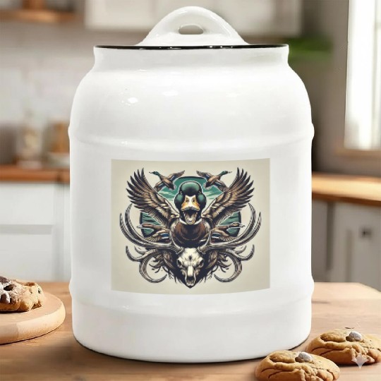 Mallard duck flying over deer skull in marsh Ceramic Cookie Jars