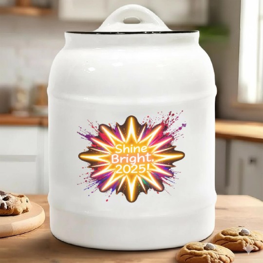 A large starburst glowing in neon light with 2025 Ceramic Cookie Jars