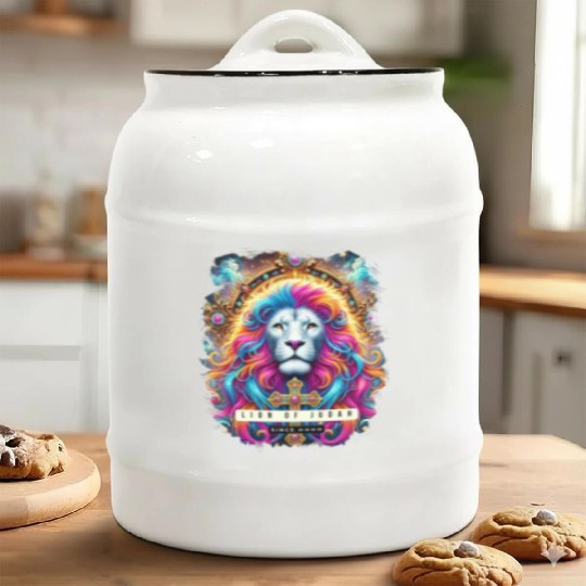 Vibrant Lion of Judah Art with Cross and Spiritual Ceramic Cookie Jars