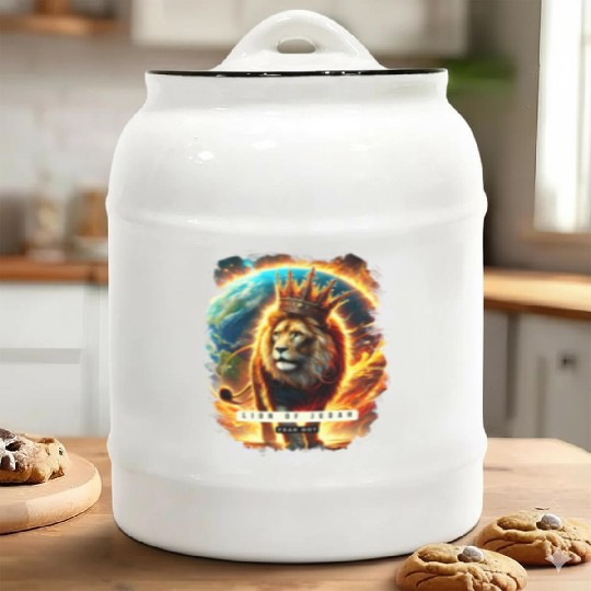 Lion of Judah with Crown, Flames and World. Ceramic Cookie Jars