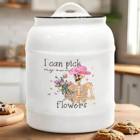 Funny Cowboy Skeleton with Flowers Ceramic Cookie Jars