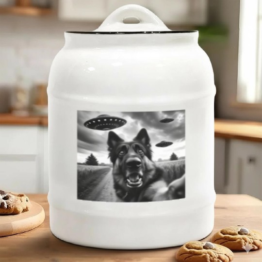 German Shepherd Funny GSP Selfie with UFOs Weird A Ceramic Cookie Jars