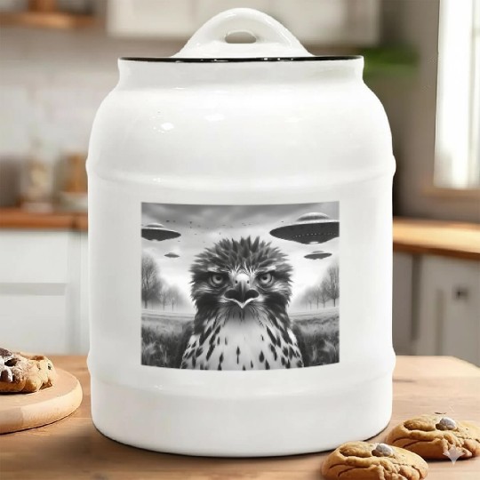 Hawk falcon Funny Graphic Selfie with UFOs Weird Ceramic Cookie Jars