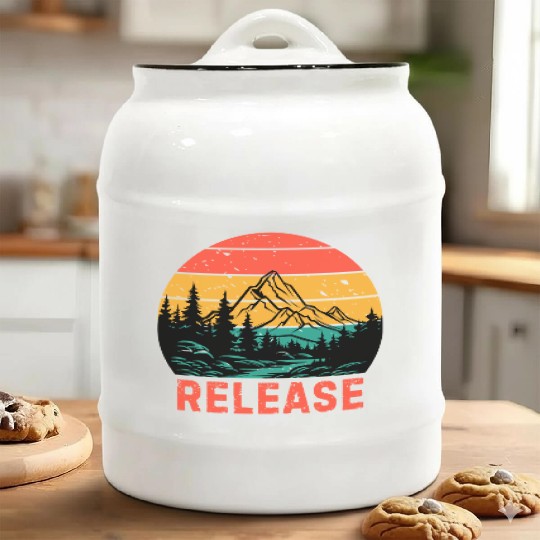 Release Vintage Sunset Mountain Lake Forest Ceramic Cookie Jars