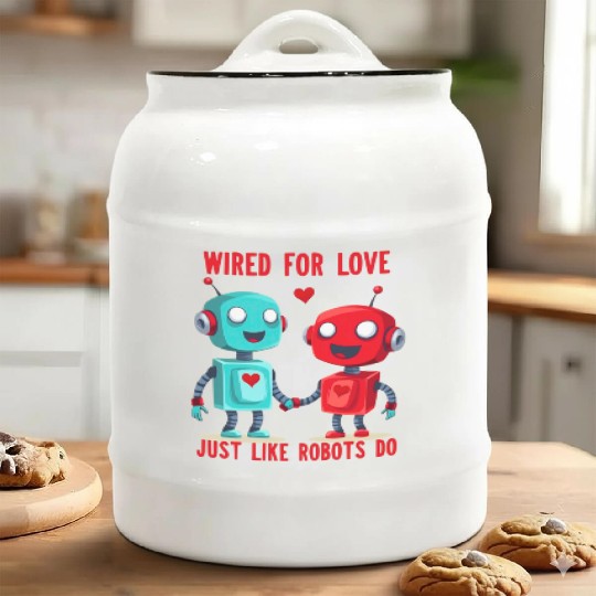 Valentine's Day Gift: Two Robots in Love on Bella Ceramic Cookie Jars