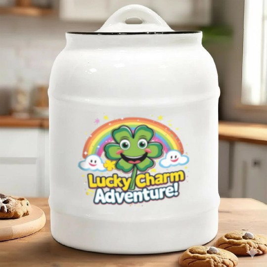 Cheerful Lucky Clover and Rainbow Sparkles Scene Ceramic Cookie Jars