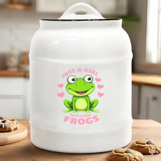 A cute cartoon illustration of a happy green frog Ceramic Cookie Jars