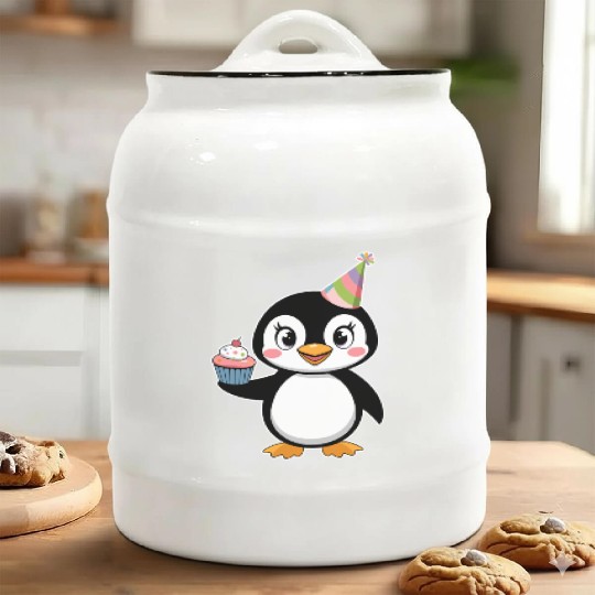 Birthday Joyful Penguin With Cupcake Ceramic Cookie Jars