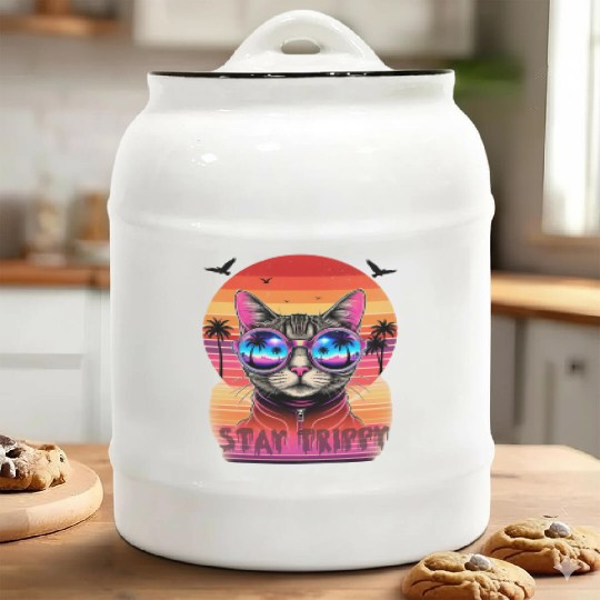 Stay Trippy Psychedelic Cat with Neon Sunglasses Ceramic Cookie Jars