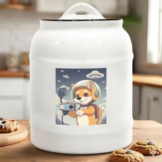 Funny Dog Rescue Anime Selfie with UFOs Weird Ceramic Cookie Jars