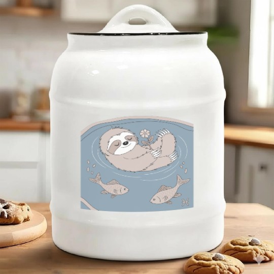 Relaxing Pisces Zodiac Sloth Embracing Serenity Ceramic Cookie Jars
