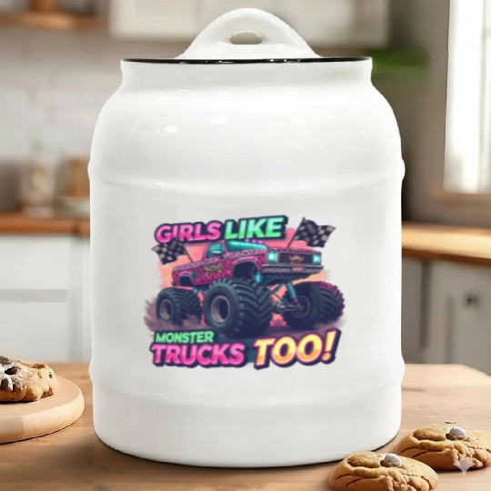 Girls Love Monster Trucks Design Ceramic Cookie Jars