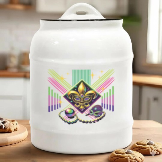 Mardi Gras Retro Synthwave Mask Neon Vibes Ceramic Cookie Jars
