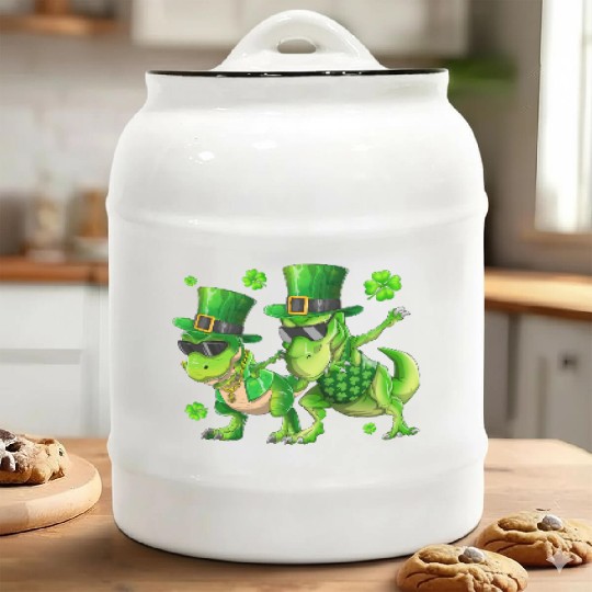 Happy St Patricks Day Dinosaur T-rex Dabbing Ceramic Cookie Jars