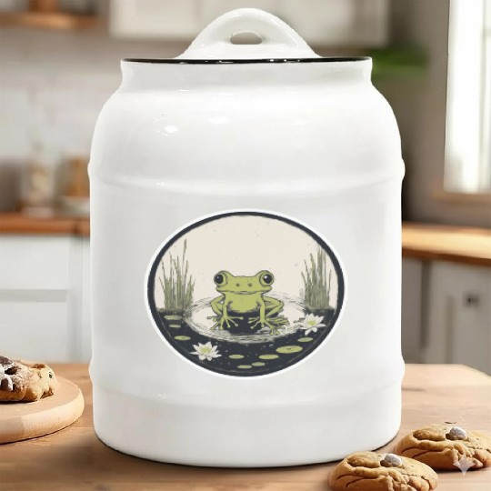 Serene Frog in a Tranquil Pond Ceramic Cookie Jars