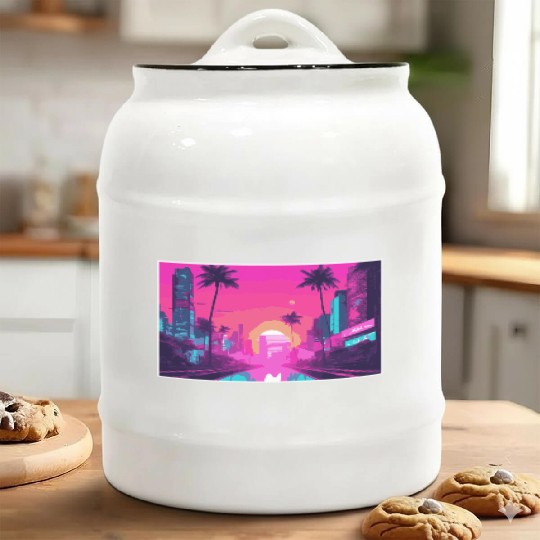Neon Paradise Vaporwave Sunset Vibes Ceramic Cookie Jars