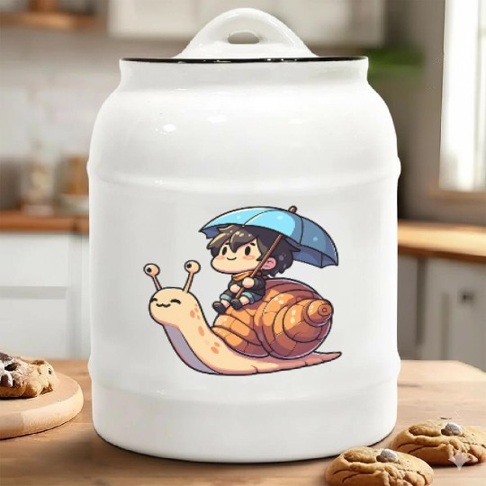 Chibi Snail Rider's Rainy Day Adventure . Ceramic Cookie Jars