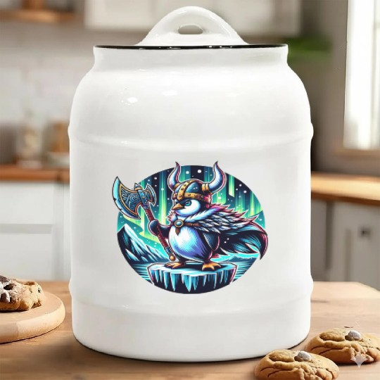 Viking Penguin with Axe Under Northern Lights Ceramic Cookie Jars