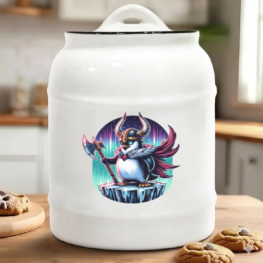 Viking Penguin Warrior Under Northern Lights Ceramic Cookie Jars