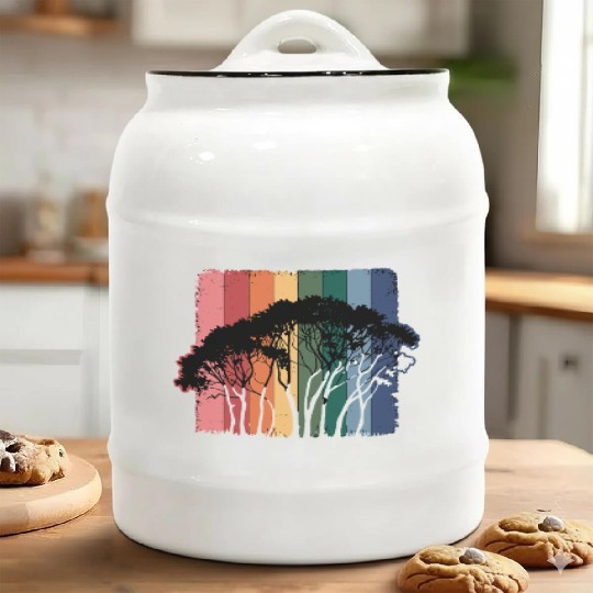 Colorful Forest Silhouette Art with Vibrant Ceramic Cookie Jars