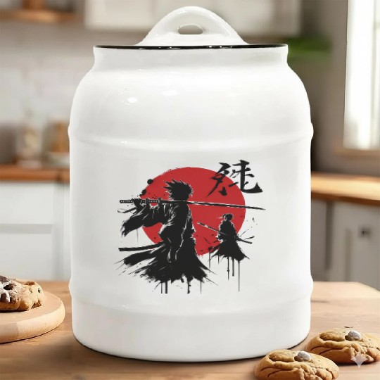 Shadow Samurai Warriors Under Blood Moon Ceramic Cookie Jars