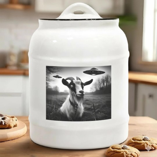 Goat buck, billy, does Funny Selfie with UFOs Weir Ceramic Cookie Jars